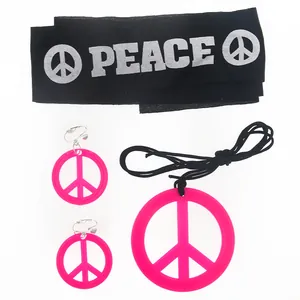 Hippie party accessory set featuring neon pink peace sign necklace earrings and headband