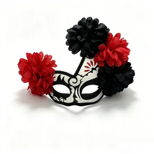 Mexican Day of the Dead masquerade mask with red and black flowers for Halloween party