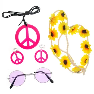 Complete 4-piece hippie costume accessory set with pink peace sign and sunflower headband
