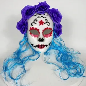 Day of the Dead sugar skull mask with blue wavy hair and purple roses decoration