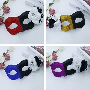 Sparkling Day of the Dead half-face masks with elegant flowers and small skulls