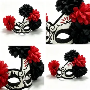 Detailed macro views of Day of the Dead floral mask with red and black blossoms