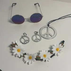 Hippie costume accessory set with peace sign necklace, round sunglasses, and daisy headband