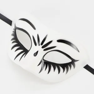 Detailed view of a white masquerade mask featuring decorative black eyelash patterns