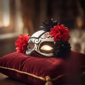 Vue détaillée d'un masque mexicain du Jour des Morts avec des fleurs rouges et noires élégantes