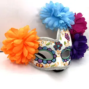 Day of the Dead Halloween half mask with vibrant artificial flowers and glitter