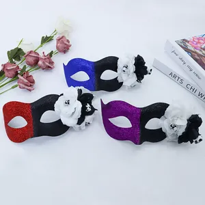 Glittering two-tone Halloween masks with floral and skull details for masquerade party