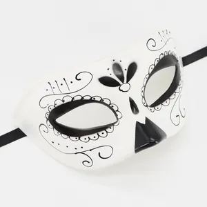 Close-up detail showing intricate black patterns on a white Day of the Dead masquerade mask.