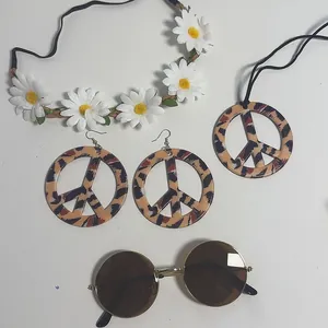 Hippie accessory set with leopard peace sign jewelry, flower headband and sunglasses