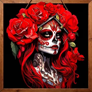 Detailed view of Halloween wooden plaque featuring red roses and sugar skull lady.