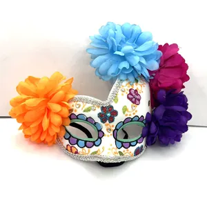 Vibrant Mexican Day of the Dead half mask with large colorful silk flowers for Halloween