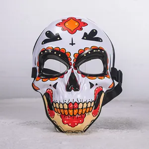 Detailed view of the colorful painted resin skull mask for Day of the Dead cosplay.