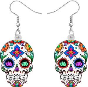 Detailed view of colorful acrylic sugar skull earrings for Halloween festive gift.
