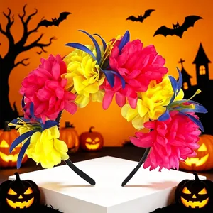 Serre-tête Halloween avec fleurs de souci éclatantes pour fêtes, vue détaillée thématique.