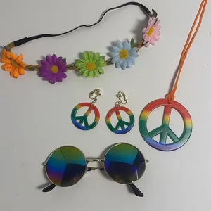 Detailed view of hippie costume set with rainbow peace signs and daisy flower crown.
