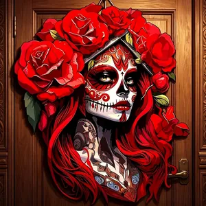 Detail of decorative wooden Halloween door sign featuring a Sugar Skull woman with red roses