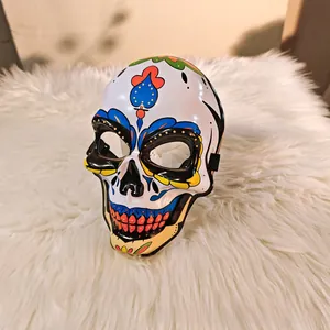Detailed view of colorful hand-painted sugar skull mask for Day of the Dead cosplay