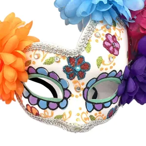 Floral Day of the Dead half-face masquerade mask with vibrant fabric flowers for Halloween party