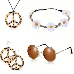 Hippie accessory set with peace sign necklace, earrings, sunglasses and daisy headband