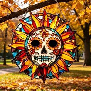 Day of the Dead sugar skull suncatcher with vibrant stained glass style hanging in autumn garden