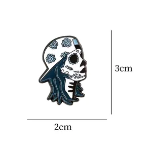 Detailed view of a blue sugar skull skater enamel pin brooch with 2cm by 3cm dimensions.