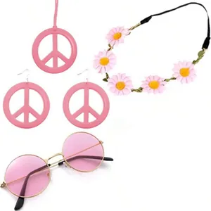 Pink hippie accessory set with round sunglasses, peace sign jewelry and daisy headband
