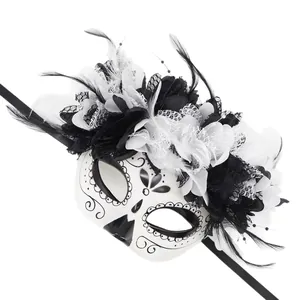 Day of the Dead masquerade mask with black and white flowers and feathers for Halloween