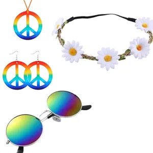 Complete hippie costume accessory set with rainbow peace sign necklace and daisy headband