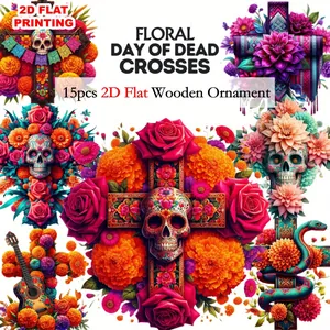 Detailed collection of 2D flat wooden crosses with vibrant floral sugar skull designs