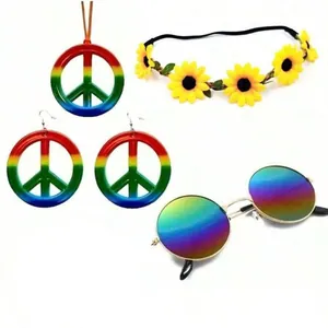 Hippie costume accessory set with rainbow peace sign jewelry, sunflower headband, and sunglasses