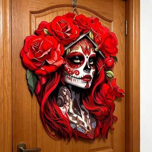 Close-up detail of a Halloween sugar skull woman wooden sign with vibrant red roses
