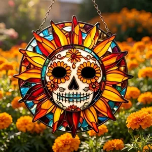 Detailed view of the stained glass effect on the Day of the Dead sugar skull sun ornament.