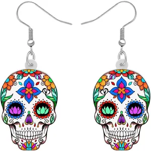 Vibrant Halloween sugar skull acrylic drop earrings for women and girls festive jewelry