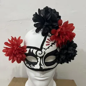 Mexican Day of The Dead Party Mask With Red Black Artificial Flowers Gothic Halloween Masquerade Glitter Mask For Party Women Men