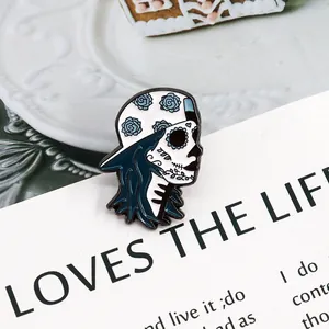 Macro view of blue sugar skull girl enamel pin brooch with intricate floral details