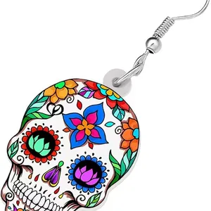 Colorful Halloween sugar skull acrylic drop earrings with floral patterns for women