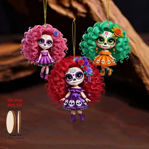 Vue détaillée des ornements 2D en bois avec filles de crâne en sucre pour Halloween.