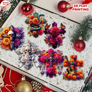 Set of six vibrant 2D flat Day of the Dead floral sugar skull cross ornaments for home decor