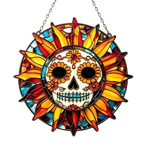 Vibrant Day of the Dead sun sugar skull acrylic hanging ornament in stained glass style
