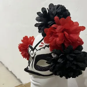 Mexican Day of the Dead masquerade mask with red and black flowers for themed party events