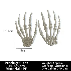 Specificatiedetails van witte Halloween skelethandpalen met maat- en materiaalinformatie