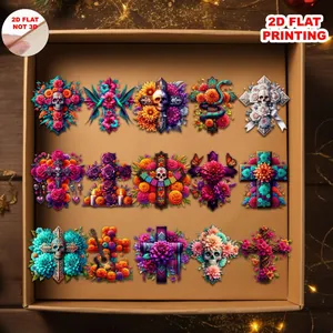 15pcs Day of the Dead cross decorations with floral sugar skull designs flat 2D printing