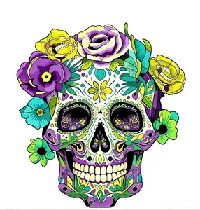 Intricate colorful sugar skull design for Halloween wooden door hanging decoration