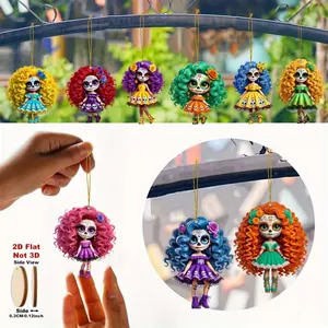 Lot de 12 ornements de poupées calaveras en bois 2D pour décoration du jour des morts