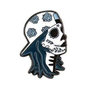 Blue sugar skull skater enamel pin badge for backpack and jacket lapel decoration
