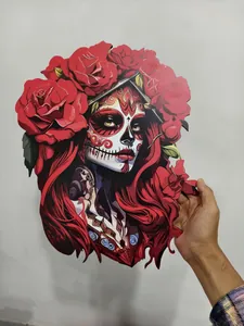 Detailed view of Halloween wooden sugar skull woman hanging sign decorated with red roses