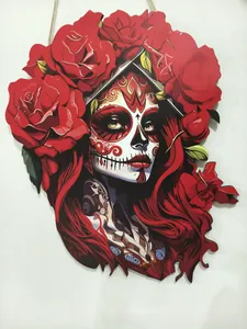 Halloween wooden wall plaque featuring sugar skull woman with red roses and hemp rope