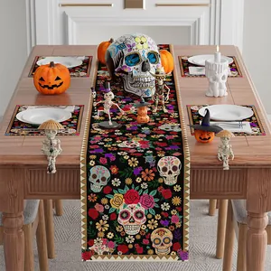 Day of the Dead table runner with colorful Mexican sugar skull and floral patterns for party