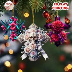 Detailed view of floral sugar skull cross ornaments for Day of the Dead holiday decoration
