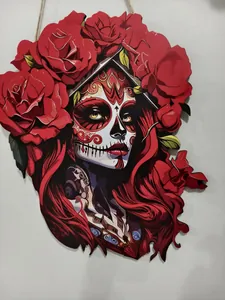 Intricate laser-cut wooden plaque featuring a Day of the Dead Sugar Skull girl with red roses